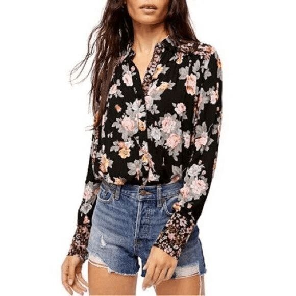 Free People Hold On To Me Black Floral Button Down Blouse Women's Size XS - Picture 1 of 7